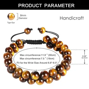 Double-layered 8mm Tiger Eye stone bracelet with adjustable black braided cord and size chart