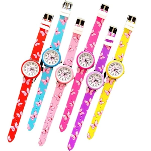Kids quartz watch set featuring six colorful silicone straps with butterfly patterns
