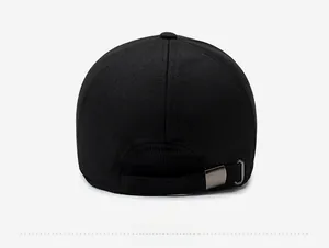 Rear view of black thermal baseball cap showing adjustable metal buckle and thick fabric