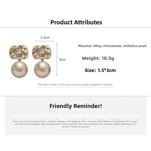 Detail view of pearl and rhinestone tassel earrings with 1.5x3cm dimensions and 10.5g weight
