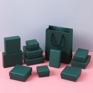 Dark green jewelry gift box set with lychee leather texture and matching paper bag