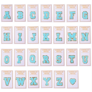 Set of 26 light blue chenille letter patches and heart with gold glitter borders