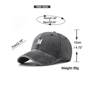 Size chart for dark gray washed cotton baseball cap with embroidered M letter