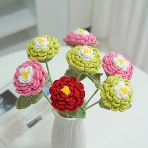 Handmade Crochet Peony Flower Stem Cotton Yarn Knitted Artificial Flower Bouquet For Home Decoration Wedding Photography Gift