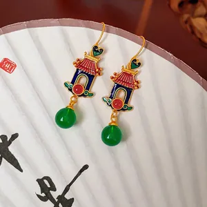 18K gold-plated heart lantern earrings with red blue enamel and green resin beads
