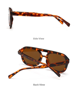 Detail view of tortoiseshell flat top sunglasses showing side and back profiles