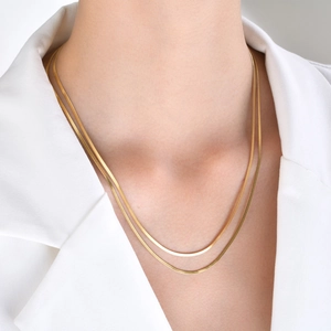 Double-layered 18k gold plated stainless steel flat snake chain necklace for women