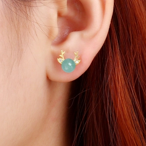 S925 silver antler stud earrings with green aventurine beads worn on the ear