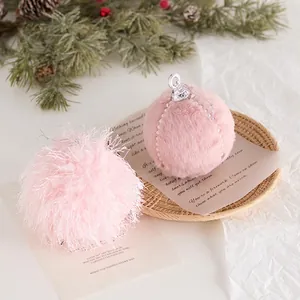 Pink Christmas ball ornaments with feathers and plush pearls for tree decoration