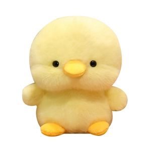 Cute yellow plush chick toy with soft fur and orange feet for kids' comfort and play