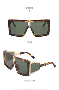 Front and side view of steampunk oversize tortoise shell sunglasses with gold accents
