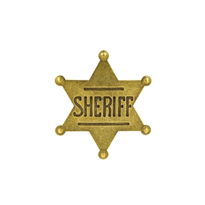 Golden six-pointed metal sheriff badge pin with vintage engraved text on white background