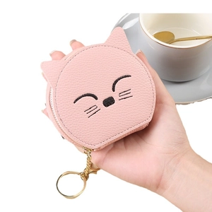 Pink cartoon cat mini coin purse in lychee grain PU leather with mirror and keychain