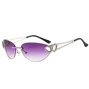 Trendy rimless Y2K sunglasses with purple gradient lenses and silver heart details
