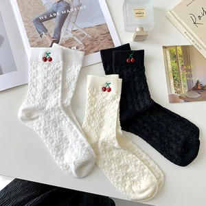 Three-pack mid-calf cotton socks with cherry embroidery and diamond texture