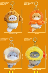 Dimensiones detalladas de colgantes de gato de peluche con disfraces de comida y pan