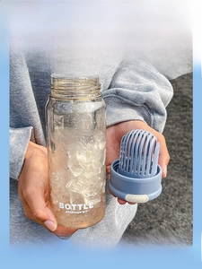 Detail view of the blue grid tea infuser and transparent bottle with handle
