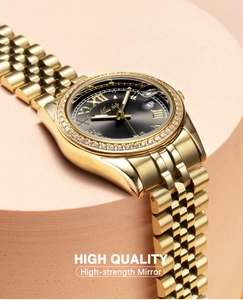 Detail of luxury gold watch dial with crystal bezel and high-strength date mirror