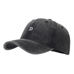 Classic black washed cotton baseball cap with white embroidered D letter on the front