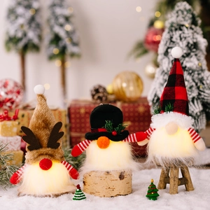 Christmas Gnome Ornaments Glowing LED Faceless Doll Swedish Tomte Rudolph Plush Fabric With Wood Base Warm Light Decor