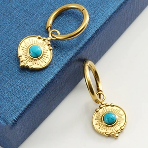 Bohemian gold stainless steel drop earrings with turquoise stone and sunburst engraving