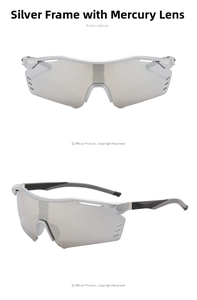 Detail of silver cycling sunglasses with mirrored lenses and side ventilation holes