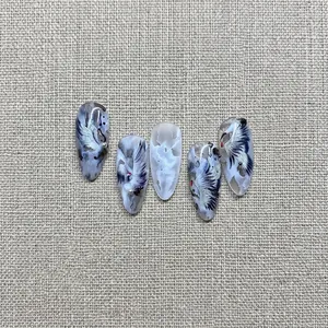 Autocollants ongles style japonais grue et paysage d'encre avec motifs de nuages bleus
