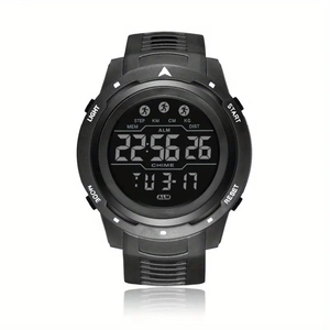 Detail view of the black sports watch display showing large digits and step counter functions