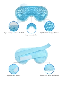 Detail of blue gel eye mask showing soft plush backing and adjustable velcro strap