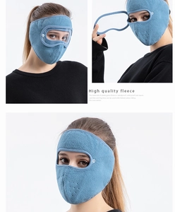 Detail view of winter fleece balaclava with detachable anti-fog goggles and breathable vents