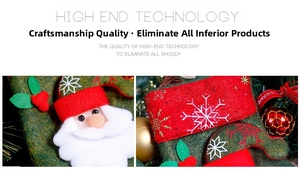 Detailed view of plush Christmas stocking with 3D Santa patch and snowflake embroidery