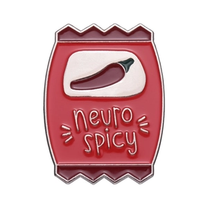 Funny red enamel snack bag pin with chili pattern and neuro spicy text design
