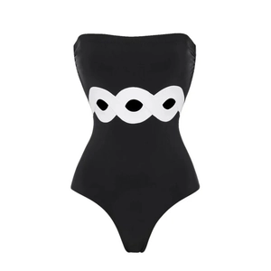 Sleek black strapless one-piece swimsuit with white waist cutout geometric detail