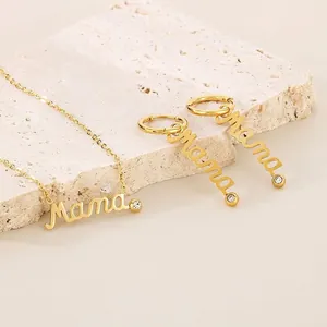 Mama Letter Pendant Necklace And Earrings Stainless Steel Rhinestone Script Style Women Mother Day Gift
