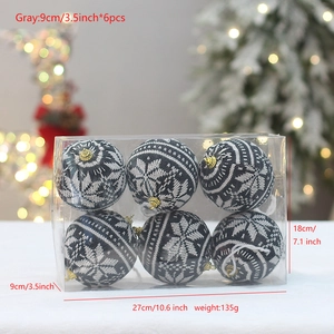 Close-up of 6 gray knitted Christmas tree ornaments in a transparent display box