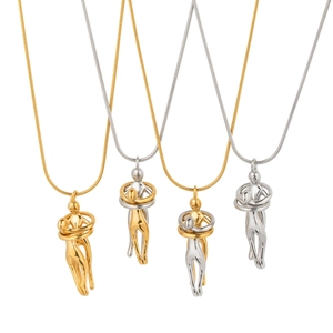Abstract hug pendant necklaces in gold and silver finishes on sleek snake chains