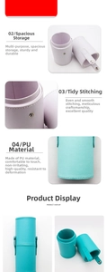 Detailansicht der lila und blauen Make-up-Pinseltaschen aus PU-Leder mit Metallschnallen