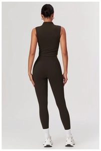 Rear view of high-waist yoga set in dark brown with moisture-wicking compression fabric
