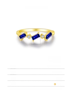 Detailed spec sheet of S925 silver ring with emerald-cut blue stones and white zircons