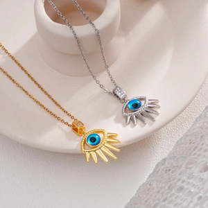 18K gold plated evil eye pendant necklace with blue eye and zircon details in gold and silver