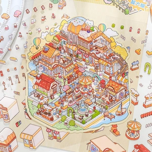 3D miniature town landscape stickers with colorful cafe and carousel illustrations