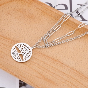 Detail of silver double-layered tree of life necklace with paperclip and twist chains
