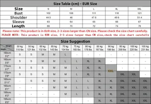 Size chart for men's knit sweater including chest, shoulder and length in EUR sizing