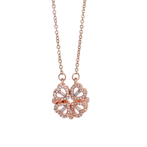 Rose gold heart clover necklace with magnetic folding pendant and sparkling crystals