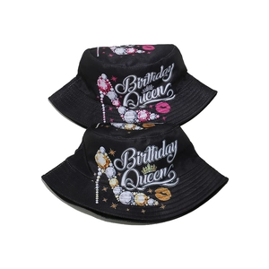 Black cotton bucket hat featuring Birthday Queen print with jewelry crown and high heels