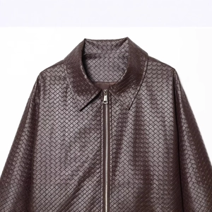 Dark brown woven leather jacket with lapel collar and zip-up design for women
