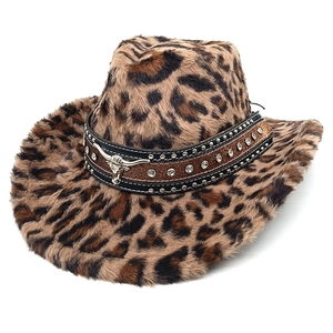 Detail of plush leopard print cowboy hat with rhinestone bull head buckle and studs
