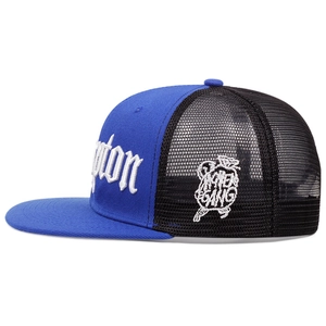 Detailed side view of mesh trucker hat featuring white Compton 3D gothic embroidery