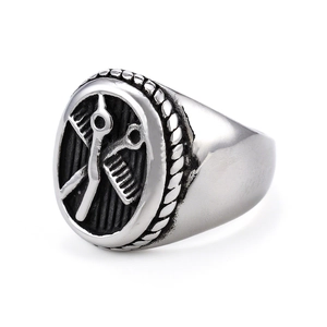 Silver stainless steel barber ring featuring scissors and comb relief in a punk style