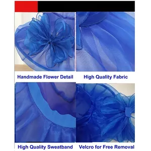 Blue organza sun hat with mesh brim and detachable handmade flower detail for summer